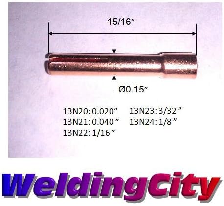 חבילת WeldingCity של 10 Collet 13N22 לטיג ריתוך TIG 9, 20 ו- 25 סדרות מסדרות Weldcraft Miller Lincoln
