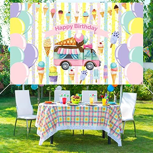קרח קרם משאית יום הולדת רקע קישוטי מתוק מסיבת יום הולדת באנר עוגת שולחן אספקת צילום רקע גלידת חנות בנות