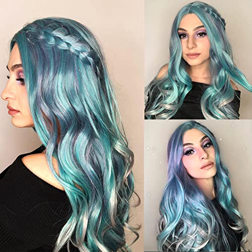 מפואר שיער ארוך כחול גלי פאות עבור נשים קורלורי פאה מעורב כחול ירוק אפור סגול צבע שיער התיכון חלק סינטטי