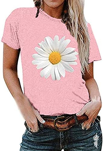 חולצות קיץ לנשים 2023, חולצות שרוול קצר של נשים דייזי הדפס פרחוני הדפסים בסיסיים חולצות טי קיץ