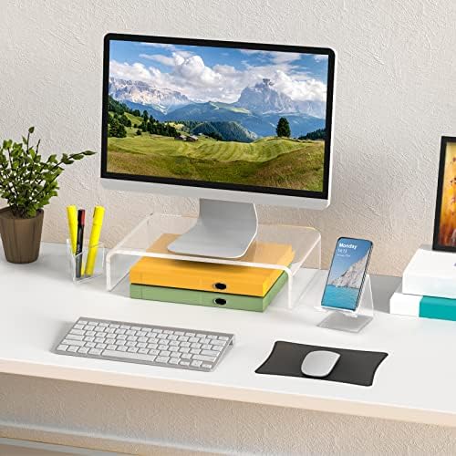 מעמד צג אקרילי של וואלי, משטח שולחן עבודה עם אביזרי אחסון, לטלוויזיה עם מסך שטוח, מחשב נייד, מחשב נייד,
