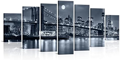 ענק 7 חתיכות ברוקלין גשר בד קיר אמנות ירח לילה ניו יורק סקייליין סצנת תמונה הדפסת ניו יורק פוסטר ממוסגר