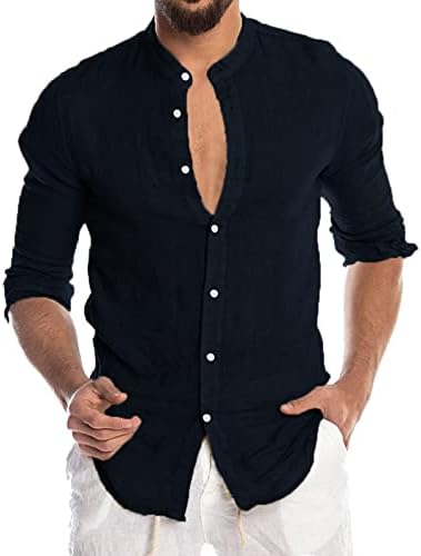 חולצות פשתן כותנה של ZDDO לגברים, סתיו בקיץ סתיו ארוך שרוול קל משקל מטה בחולצה מזדמנת ללא צווארון צמרות
