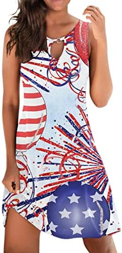 4 ביולי שמלות לנשים שמלת טנק קיץ מזדמן דגל אמריקאי ללא שרוולים חור מנעול צוואר כוכבים פסים שמלה קיצית