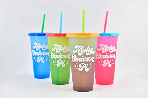 Sorority Shop Alpha Omicron Pi Color Sups כוסות - חבילה של 4 כוסות לשימוש חוזר עם מכסים וקשיות, כוס