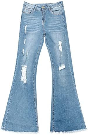 Sikye Womens אופנה רב -תכליתית מכנסי רגל רחבים שטופים מכנסי ג'ינס קרוע