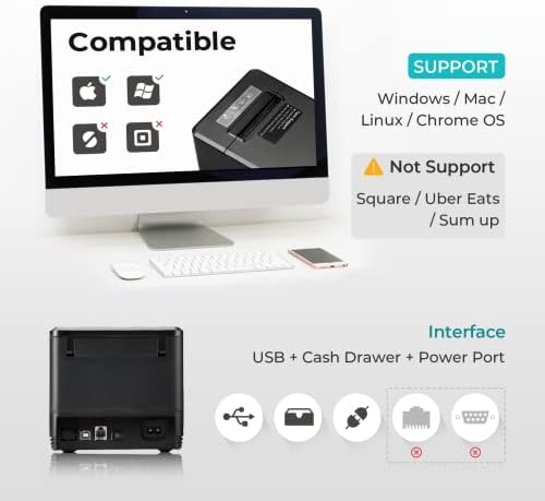 מדפסת קבלת USB של מונבין 80 ממ, מדפסת קופה עם חותך אוטומטי ESC/POS פקודה תומכת בחלונות ונייר קבלה תרמי