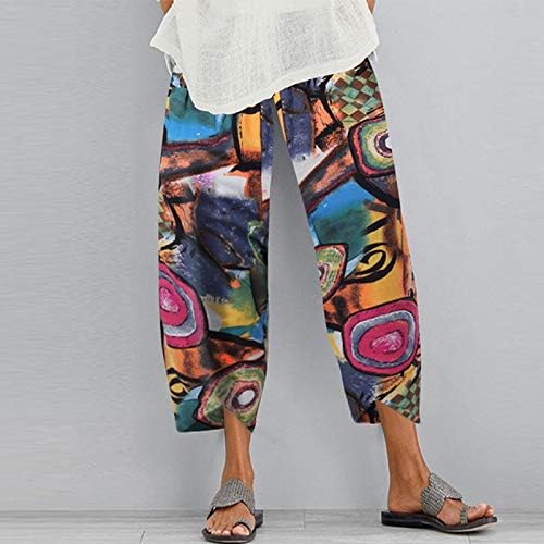 מכנסי קאפרי לנשים כותנה פשתן רחבה קפריס קפריס נשים קיץ מכנסיים קצוצים חוף מותניים אלסטיים מכנסי יבול