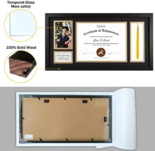אמנות גולדן סטייט, מסגרת תעודה שחורה 11x22 עם מחזיק ציצים לתעודת בגרות 8.5x11 ותצלום 4x6 עם עץ מלא וזכוכית