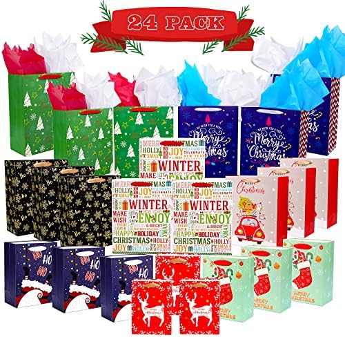 24 יחידות שקיות מתנה לחג המולד גדלים שונים עם נייר טישו, כולל 6 גדולים במיוחד, 9 גדולים, 9 בינוניים