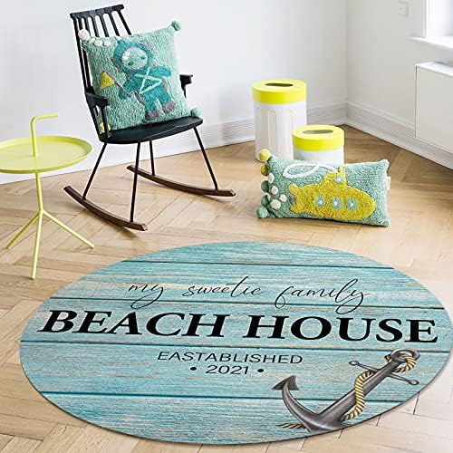 שטיח שטח עגול גדול לחדר שינה בסלון, שטיחים 5ft ללא החלקה לחדר ילדים, עוגן בית חוף קיץ עץ כחול עץ גריאן