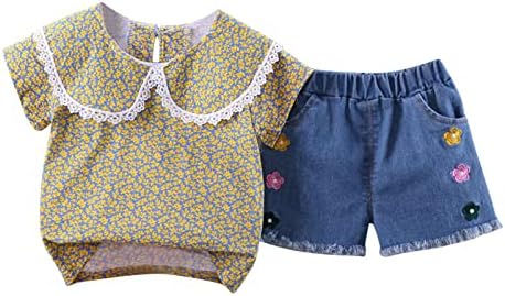 XBGQASU פעוטות ילדים בגדים בנות שרוול קצר הדפס פרחוני חולצה טופ ג'ינס מכנסיים קצרים 2 יחידות תלבושות