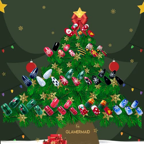 חג המולד לחץ על ציפורניים קצר, סנטה הולי ג ' ינגל בל אדום מזויף ציפורניים עם עיצוב בינוני כיכר דבק על