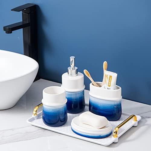 כחול כהה אביזרי אמבטיה סט, 4-חתיכה כחול קרמיקה אמבטיה קישוטי אביזרי סט,מכיל מברשת שיניים כוס,מתקן לסבון,סבון