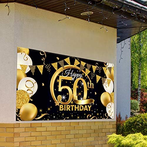 קישוט מסיבת יום הולדת בד גדול במיוחד פוסטר שלט זהב שחור ליום נישואין תא צילום רקע רקע באנר, אספקת מסיבת