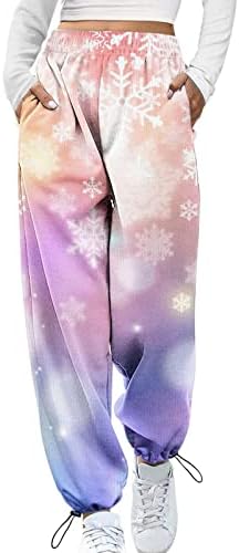 מכנסי טרנינג לחג המולד של נשים קשורים צבע אלסטי מותניים אלסטיים אתלטי רצים הדפס טרנדי סינץ 'תחתון פעיל