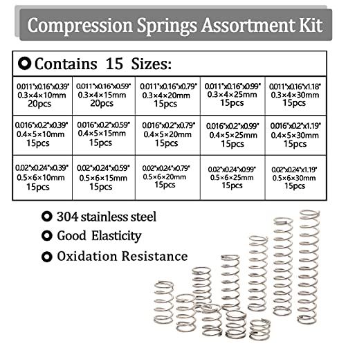 Ruibapa 235 יח 'ערכת מגוון קפיצים קפיצים 304 קפיצי דחיסת נירוסטה עם 15 גדלים שונים לתיקונים ביתיים P-051-ערכה