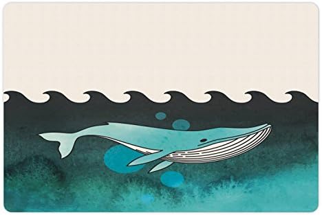 אמבסון לווייתן לחיות מחמד מחצלת עבור מזון ומים, ענק לווייתן שחייה תחת אוקיינוס ליד דקל אי עם עץ גולגולת