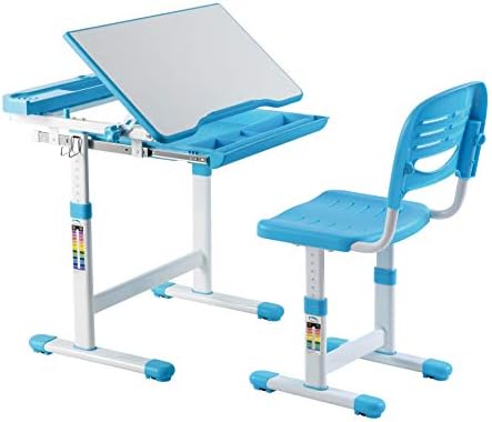 הר-זה! ילדים שולחן וכיסא סט, גובה מתכוונן ארגונומי ילדי של בית ספר תחנת עבודה עם אחסון מגירה כחול