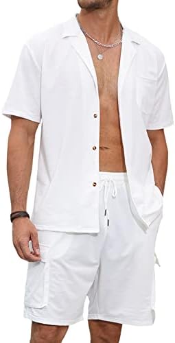 Aulemen 2 חלקים לגברים חולצת חולצה וחולצת סטים קצרים כפתור מזדמן למטה אימונית קיץ תלבושות חוף אופנה