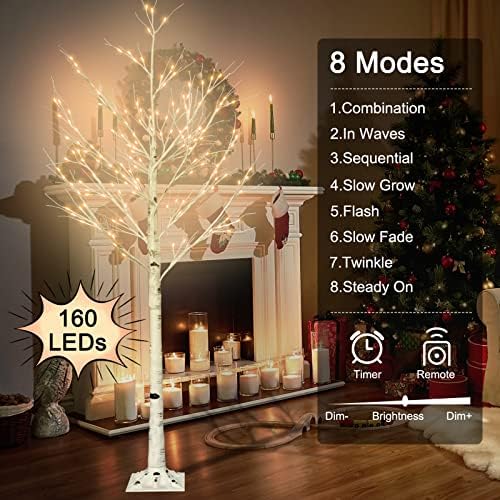 עץ ליבנה מואר 6ft עם 160 נוריות LED אורות לבנים חמים, 8 פונקציות עץ פו מרחוק עם אורות לקישוט מסיבת חג