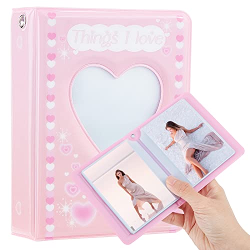 Niceneeded Mini Photo אלבום Super Super Kpop Photocard Holder עם 36 כיסים, דפוס לב ורוד חלול קלסר קלסר