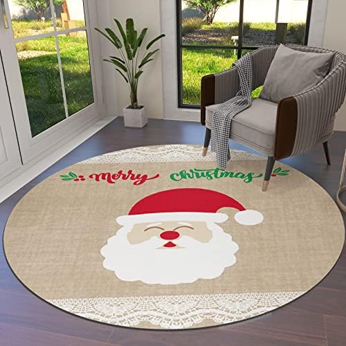 שטיח שטח עגול גדול לחדר שינה בסלון, שטיחים ללא החלקה בגודל 3.3ft לחדר ילדים, חג שמח סנטה קלאוס מחצלת