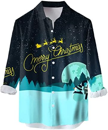 חולצות כפתור לחג המולד של Wocachi לגברים, שרוול ארוך 3d מצחיק חג המולד מצחיק סנטה הדפס חולצה הוואי מתאימה
