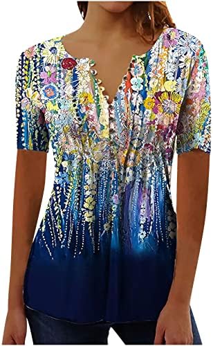 צמרות נשים Mrgiinri 2023 שרוול קצר בקיץ V חולצות פרחים צוואר חולצות טוניקה קפלים זורמים זורמים עם כפתורים