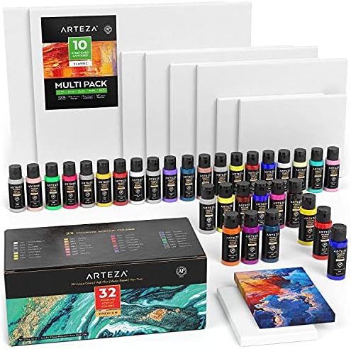 Arteza Acrylic Paint Linging Burend: Set Acrylic Set Set, 32 צבעים, מוכנים לשפיכה ובדים מתוחים Multi