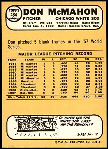 1968 Topps 464 דון מקמהון שיקגו ווייט סוקס NM/MT+ White Sox