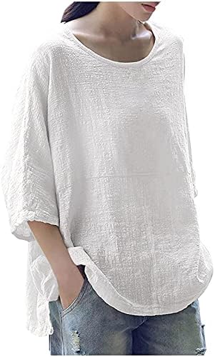 חולצת T גדולה לנשים צוואר עגול 3/4 שרוולים חולצה קלה משקל מוצק רופף צמרות 2023 בגדי ים קיץ