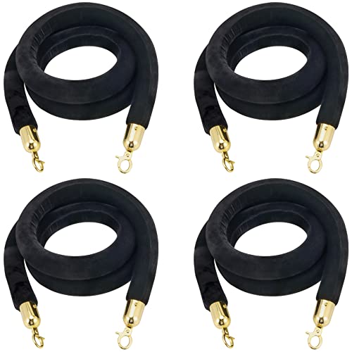 Japchet 4 Pack 6.6 רגל חבל קטיפה, חבל סטאנצ'ון קטיפה שחור עם ווים מלוטשים מוזהבים, בקרת קהל תור חבל