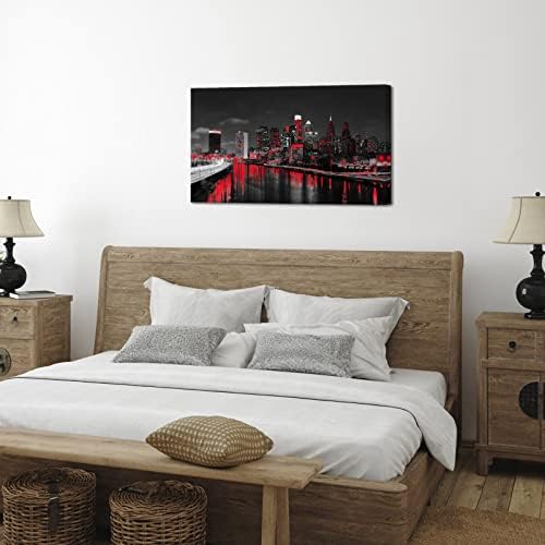 פילדלפיה קיר אמנות בד שחור ולבן אדום ארהב עיר לילה סקייליין תמונה תמונה הדפסת מודרני פילדלפיה עיר שוילקיל