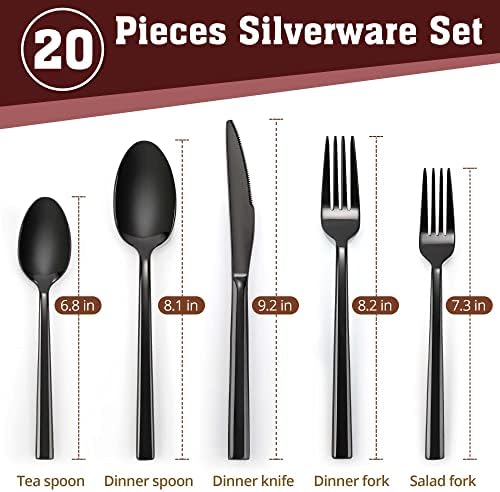 סט כלי כסף שחור מודרני בן 20 חלקים ל -4, סט כלי כלי נירוסטה עם כפות מזלגות וסכינים, סט כלי אוכל עם מראה