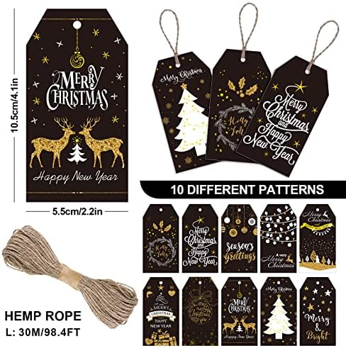 כלעיצוב 120 יחידות חג המולד שחור נייר מתנה תגיות רדיד זהב החג שמח תליית תוויות מגוון לבן הדפסי עונתי
