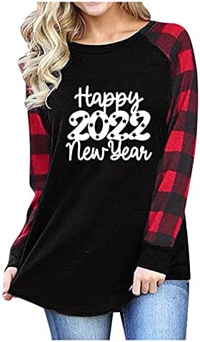 חג המולד העליון נשים 2022 עגול צוואר עגול חולצה משובצת הדפסת חולצה חולצה עליונה של שרוול ארוך.