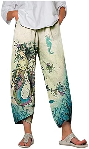 מכנסי יוגה בוהמיים נוחים-וואיים נוחיים פרחוניים מודפסים כותנה פשתן רחבה טרקלין פג 'פנגה פנטה קיץ חוף