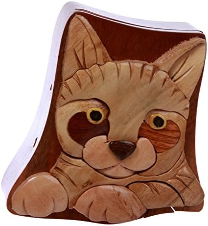 חובב חתול בעבודת יד מעץ חיה מעץ צורה תכשיטים סודיים קופסת פאזל - חתול
