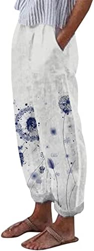 מכנסי הרמון של Xinshide נשים הדפסת פרחים מזדמנים מכנסי פשתן רחבים עם כיסי החלקה בוהו רופף בכושר מותניים