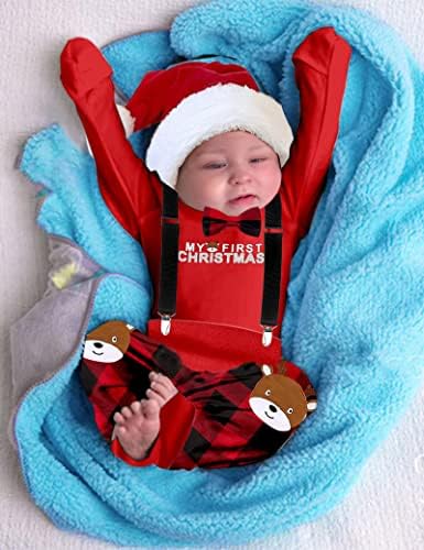התלבושת הראשונה שלי לתינוק חג המולד, רומפר שרוול ארוך + מכנסי משובץ מתלה + כובע 3 יחידות תלבושות