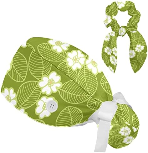 ירוק מתוק פרח פרחוני דפוס עבודה כובע עם כפתורים * מתכוונן כירורגית לשפשף כובע עם קשת שיער פצפוץ