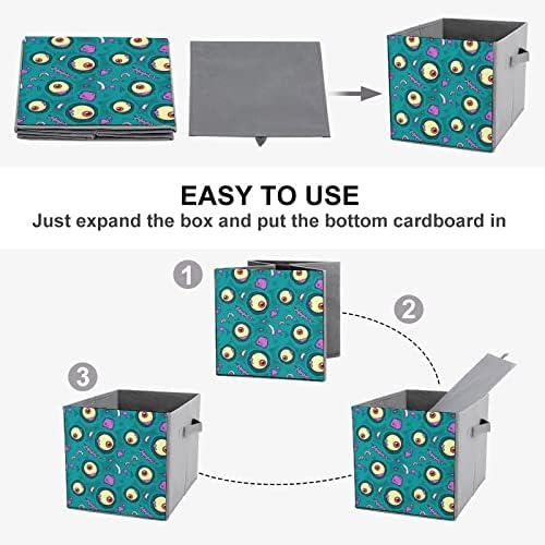 גלגלי עיניים זומבים פחי אחסון מתקפלים קופסאות סלי בד הדפסה עם ידיות לצעצועי בגדים, 11x11x11